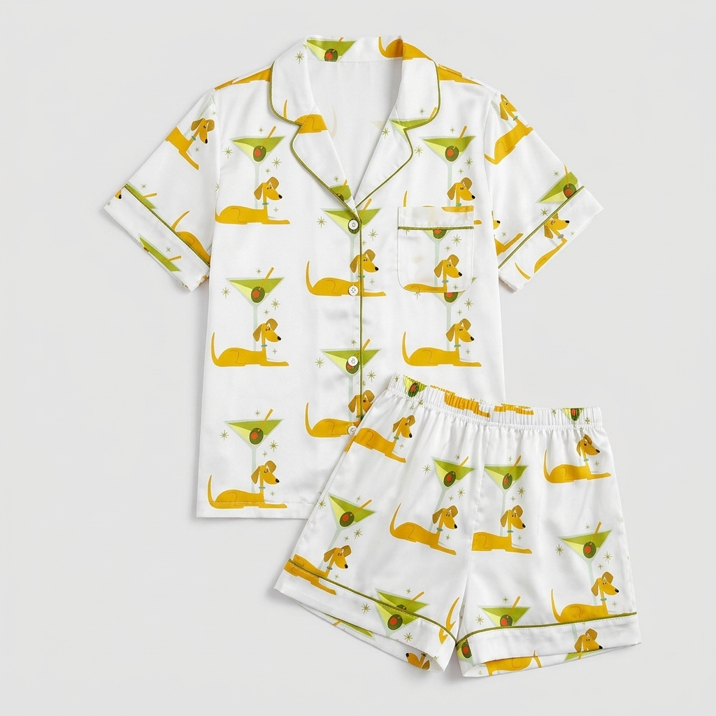 Women's satin pajama set with golden dachshunds beside green martini glasses and olives on white - flat lay