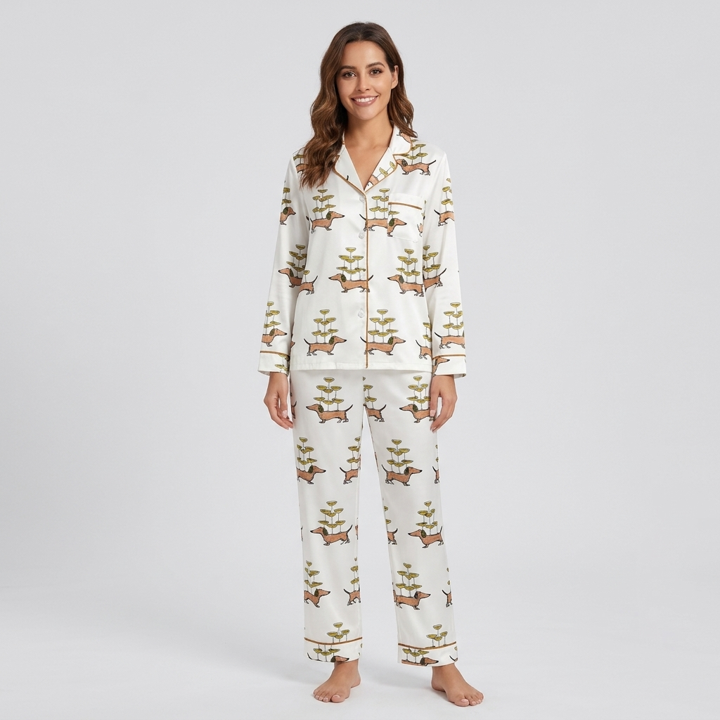 Women's satin pajama set with dachshunds balancing towers of champagne coupes on their backs on white - long sleeve and pants