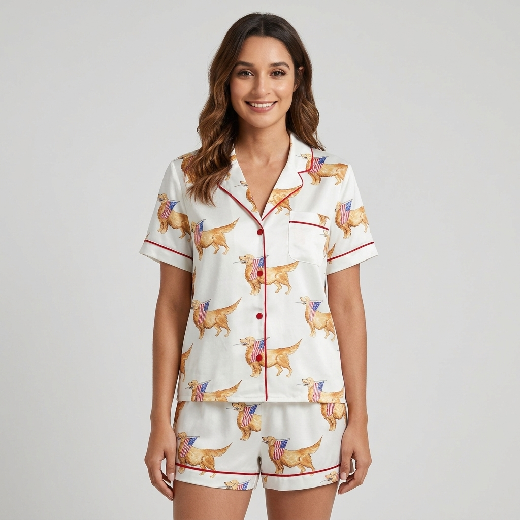Women's satin pajama set with golden retrievers carrying little American flags in their mouths on white - short sleeve and shorts