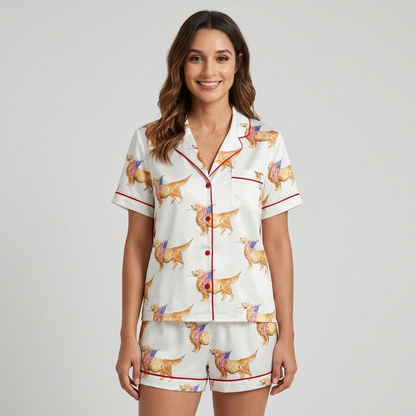 Women's satin pajama set with golden retrievers carrying little American flags in their mouths on white - short sleeve and shorts