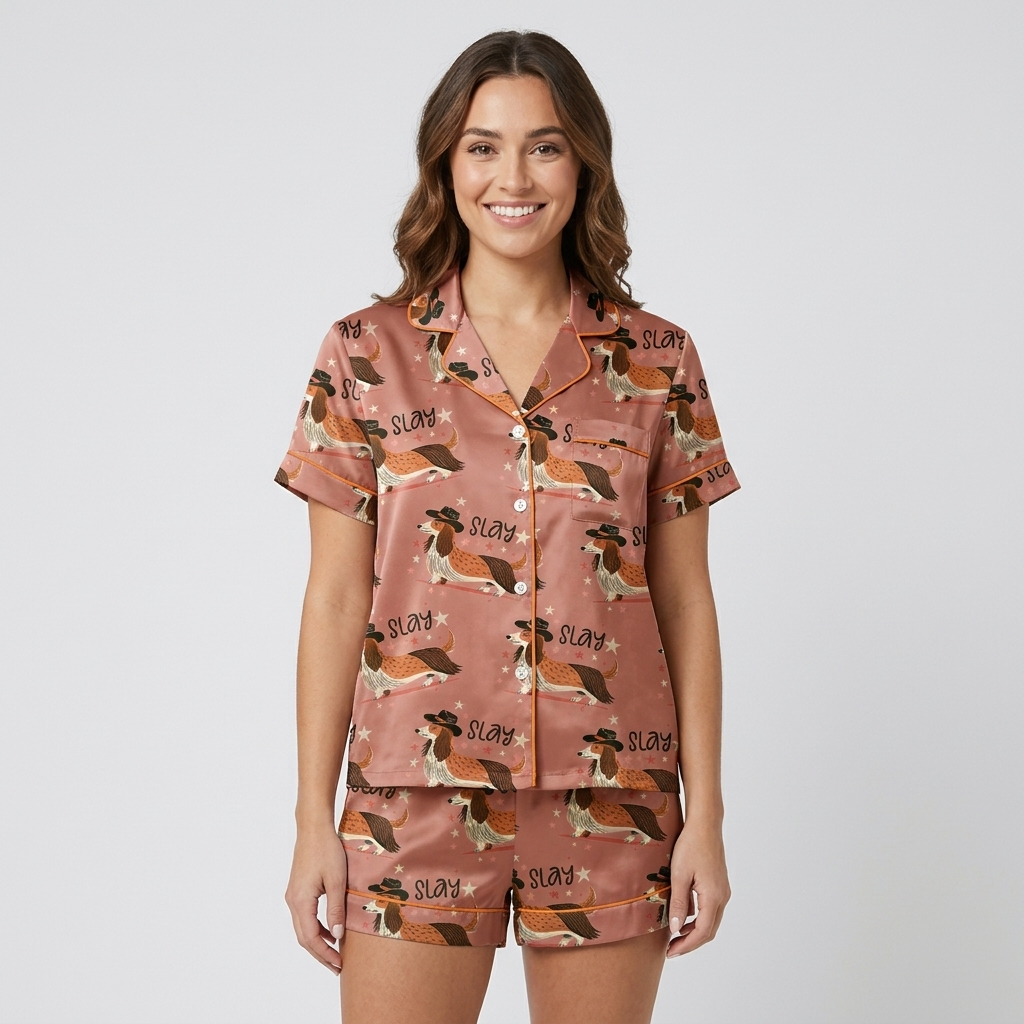 Women's satin pajama set with long-eared hound dogs in black cowboy hats with stars on salmon pink - short sleeve and shorts
