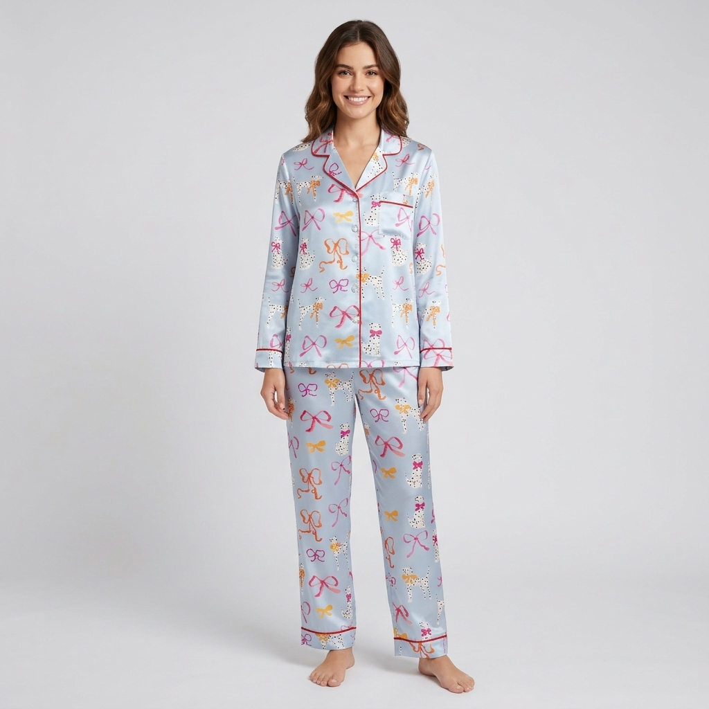 Dalmatians and Red Bows Women's Pajama Set - Blue long sleeve and pants