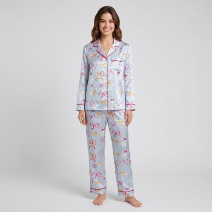 Dalmatians and Red Bows Women's Pajama Set - Blue long sleeve and pants