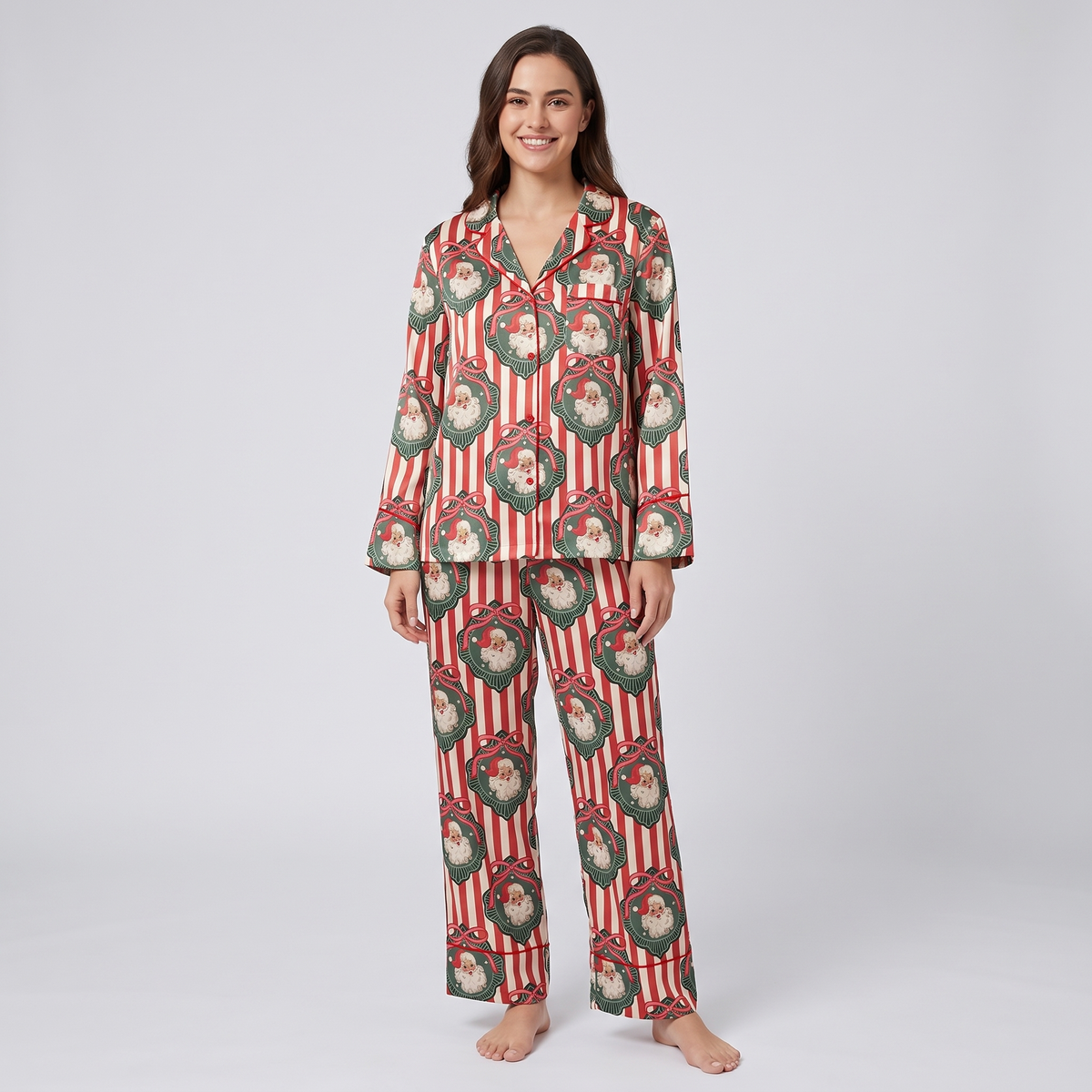 Santa Stripes & Wreaths Women's Pajama Set - long sleeve and pants