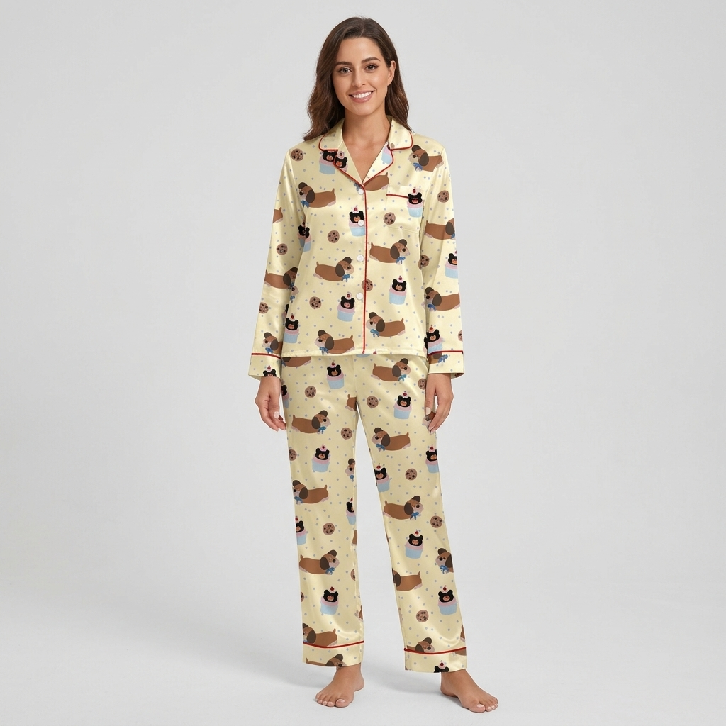Dachshund Cookies and Cupcakes Women's Pajama Set - Beige long sleeve and pants
