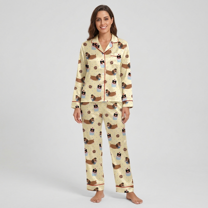 Dachshund Cookies and Cupcakes Women's Pajama Set - Beige long sleeve and pants