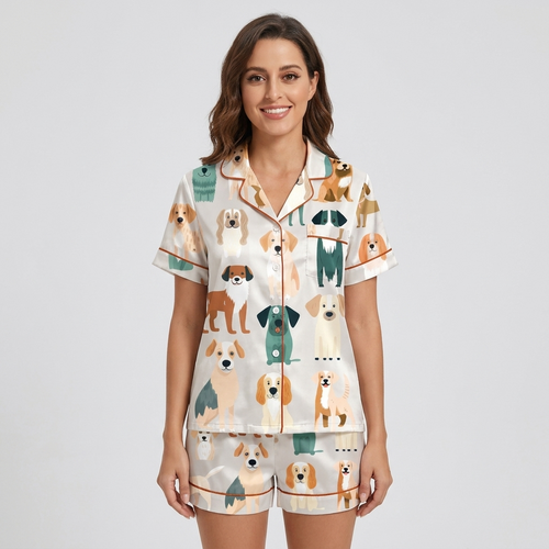Women's satin pajama set with a parade of teal, caramel and cream storybook dogs on leashes on white - short sleeve and shorts