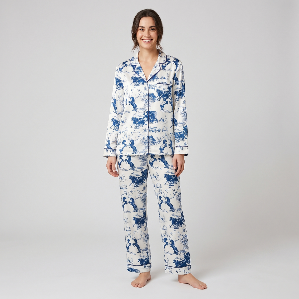 Prairie Wagon Blue Horse Women's Pajama Set - long sleeve and pants