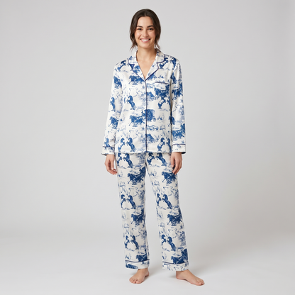Prairie Wagon Blue Horse Women's Pajama Set - long sleeve and pants