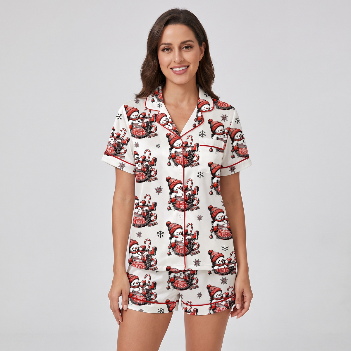 Hot Cocoa Snowmen Women's Pajama Set - short sleeve and shorts