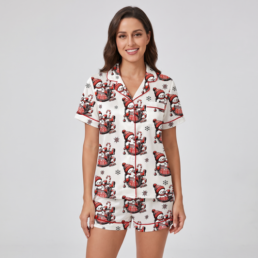 Hot Cocoa Snowmen Women's Pajama Set - short sleeve and shorts