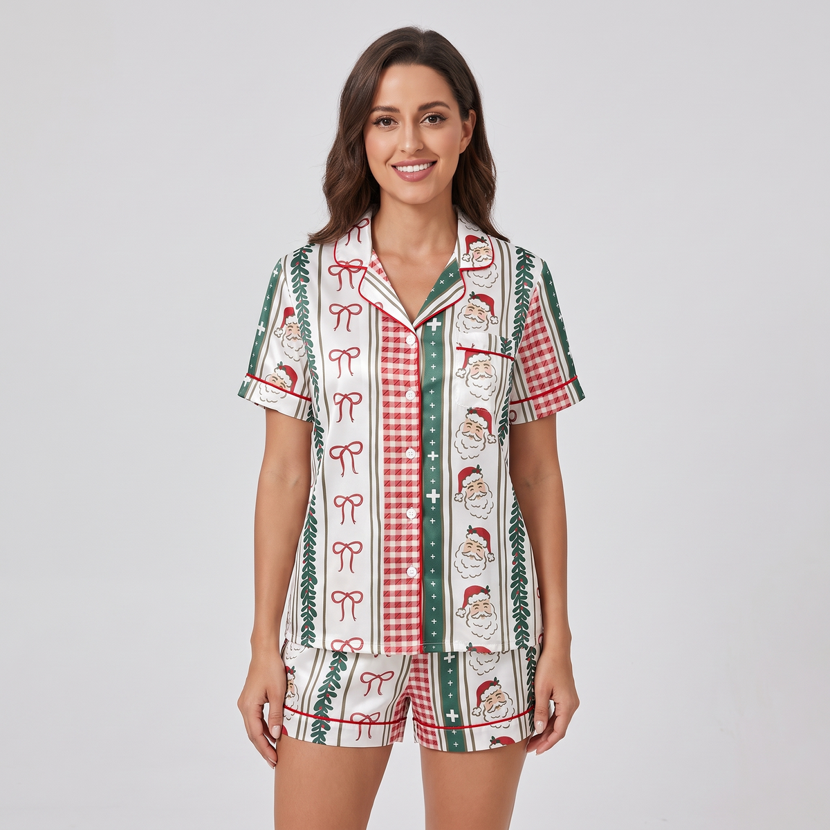 Striped Santa Check Women's Pajama Set - short sleeve and shorts