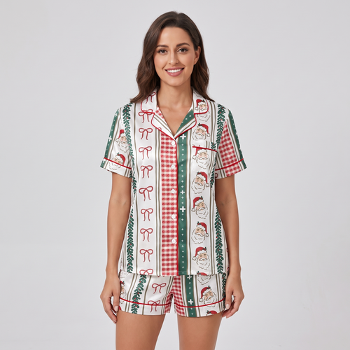 Striped Santa Check Women's Pajama Set - short sleeve and shorts
