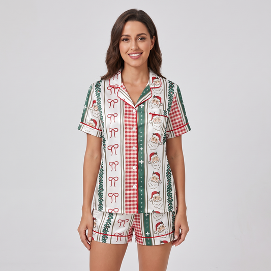 Striped Santa Check Women's Pajama Set - short sleeve and shorts