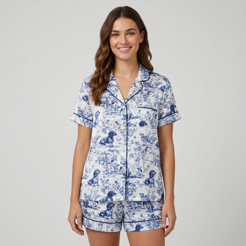 Women's long-sleeve satin pajama set with dachshunds in a navy blue toile of gardens and hills on white - short sleeve and shorts
