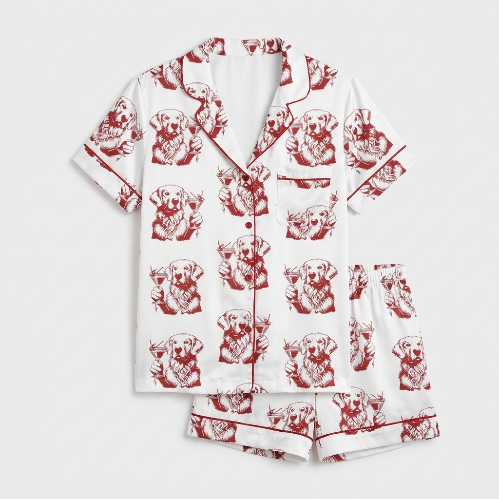 Women's long-sleeve satin pajama set with golden retrievers in crimson etching-style ink on white - flat lay