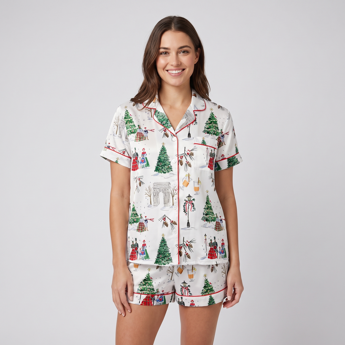 Watercolor Christmas Streets Women's Pajama Set - short sleeve and shorts