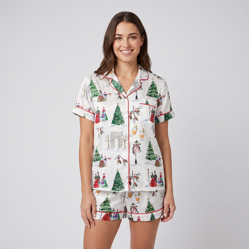 Watercolor Christmas Streets Women's Pajama Set - short sleeve and shorts