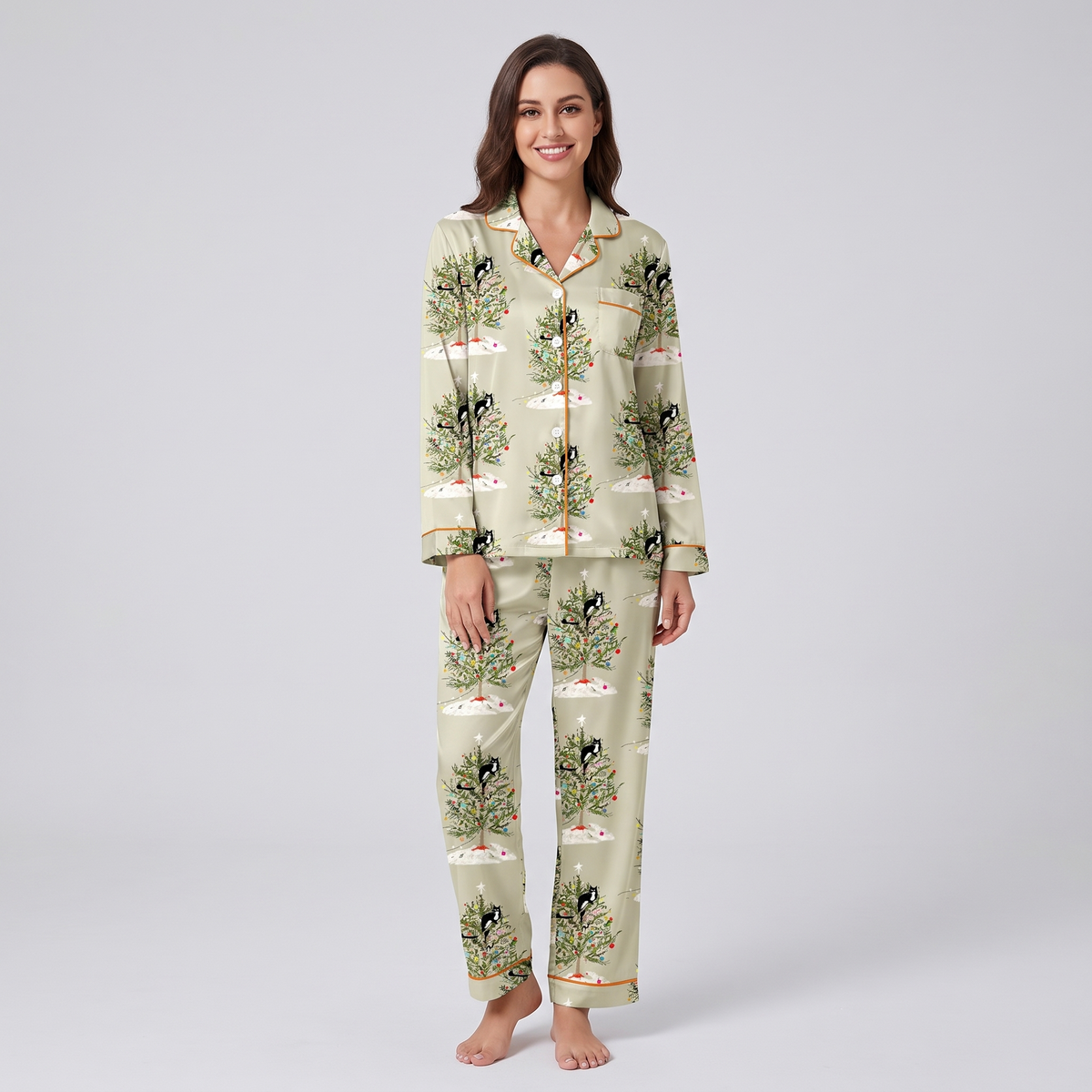 Cats In The Christmas Tree Women's Pajama Set - long sleeve and pants