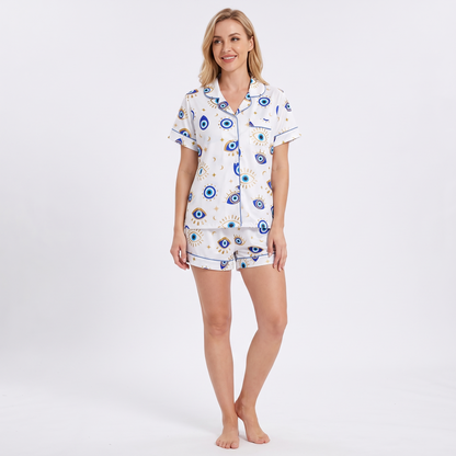 Lucky Evil Eye Women's Pajama Set - White - short sleeve and shorts