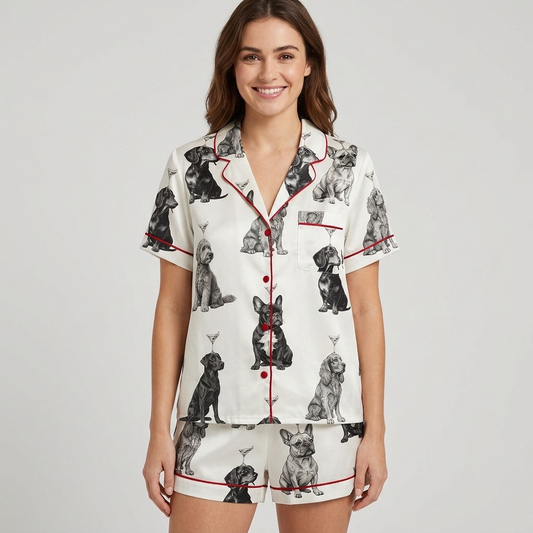 Women's satin pajama set with sketched dogs balancing martini glasses on their heads on white - short sleeve and shorts