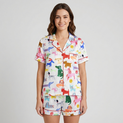 Women's long-sleeve satin pajama set with playful dogs in blue, pink, green and orange on white - short sleeve and shorts