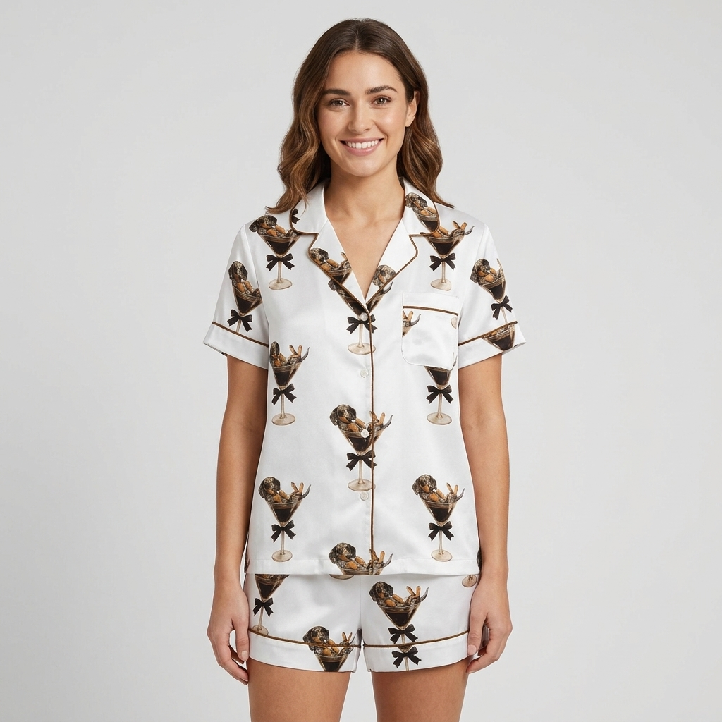 Women's satin pajama set with dachshunds lounging in martini glasses on white - short sleeve and shorts