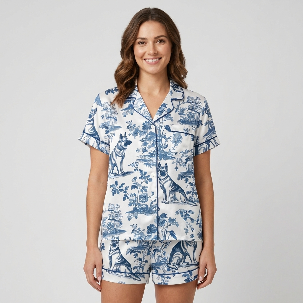 Women's satin pajama set with German Shepherds in a blue-and-white botanical toile scene on white - short sleeve and shorts