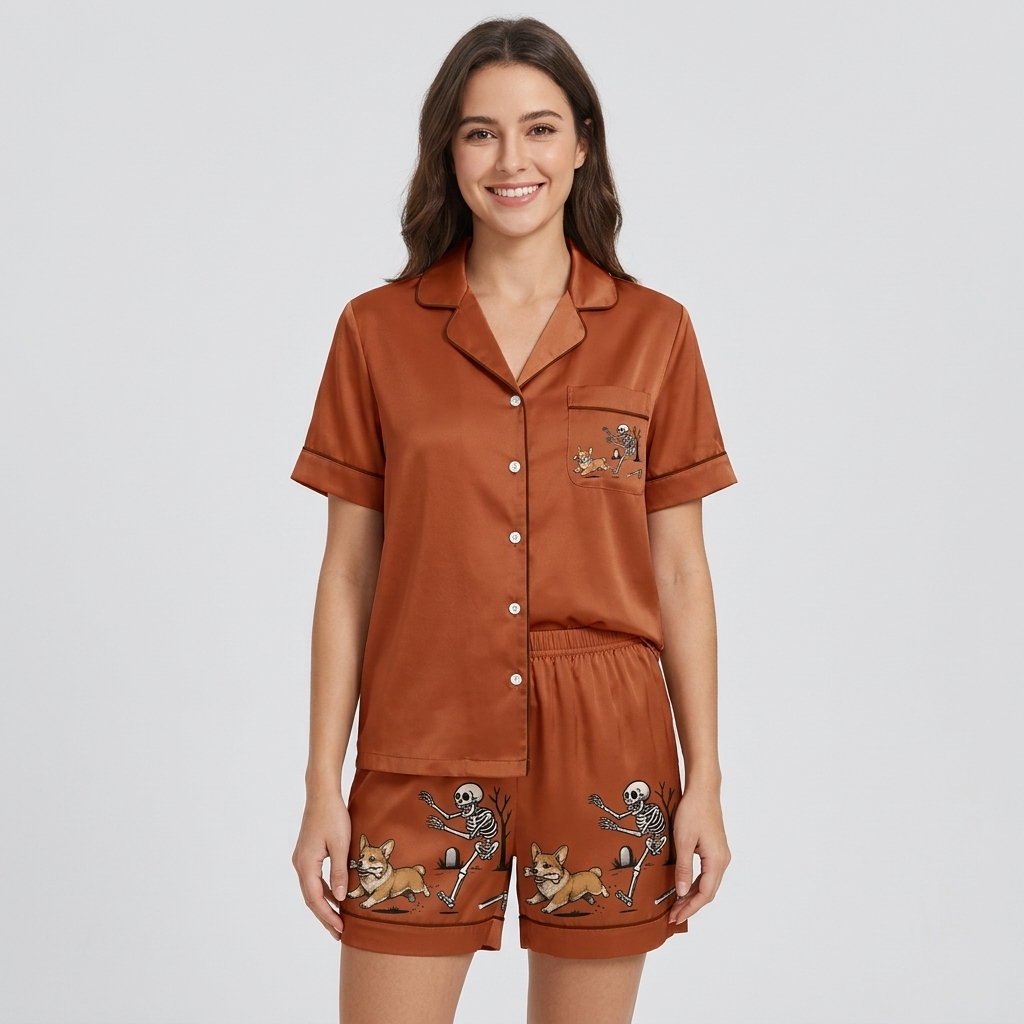 Women's satin pajama set with a skeleton chasing a corgi past a graveyard tree on rust brown - short sleeve and shorts