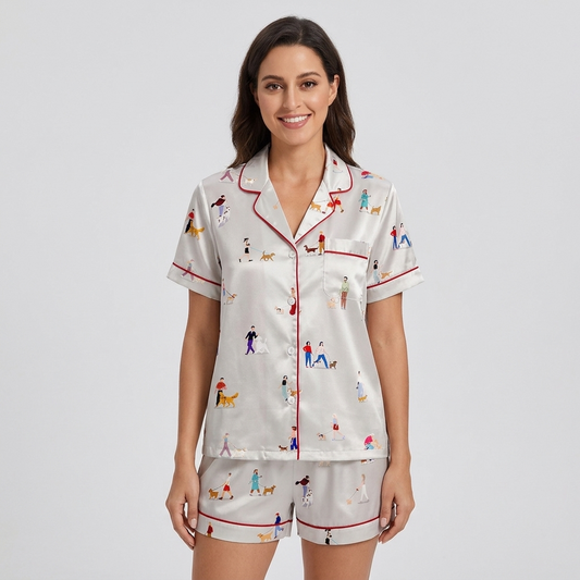 Women's satin pajama set with tiny illustrated people strolling and jogging with their dogs on white - short sleeve and shorts