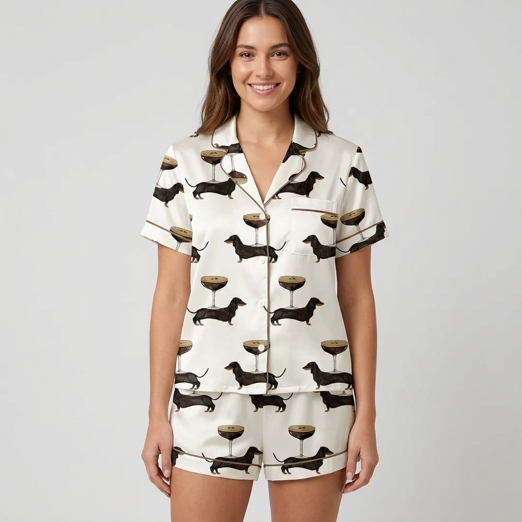 Women's satin pajama set with black dachshunds beside espresso martinis topped with coffee beans on white - short sleeve and shorts