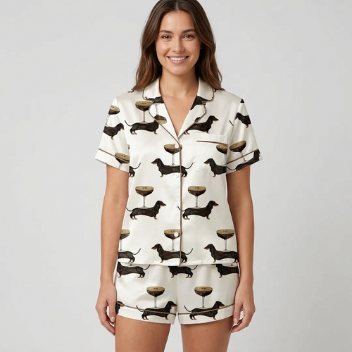 Women's satin pajama set with black dachshunds beside espresso martinis topped with coffee beans on white - short sleeve and shorts
