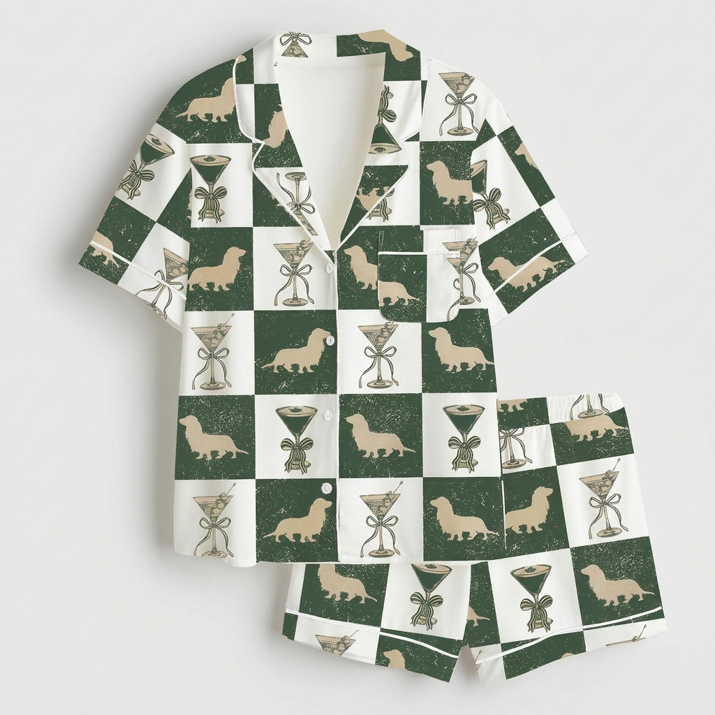 Women's satin pajama set with tan dachshunds and ribbon-wrapped cocktail glasses on a forest green and white checkerboard - flat lay