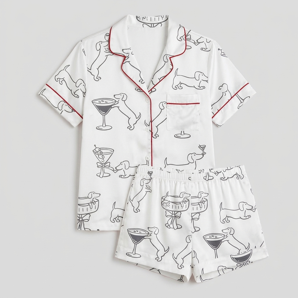 Women's satin pajama set with black outline dachshunds and martini glasses on white with red piping - flat lay