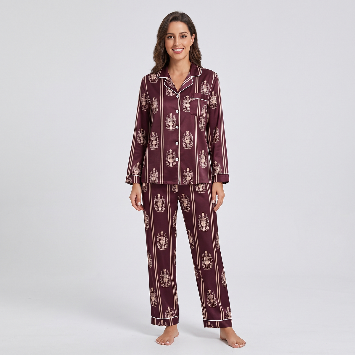 Burgundy Nutcracker Stripes Women's Pajama Set - long sleeve and pants