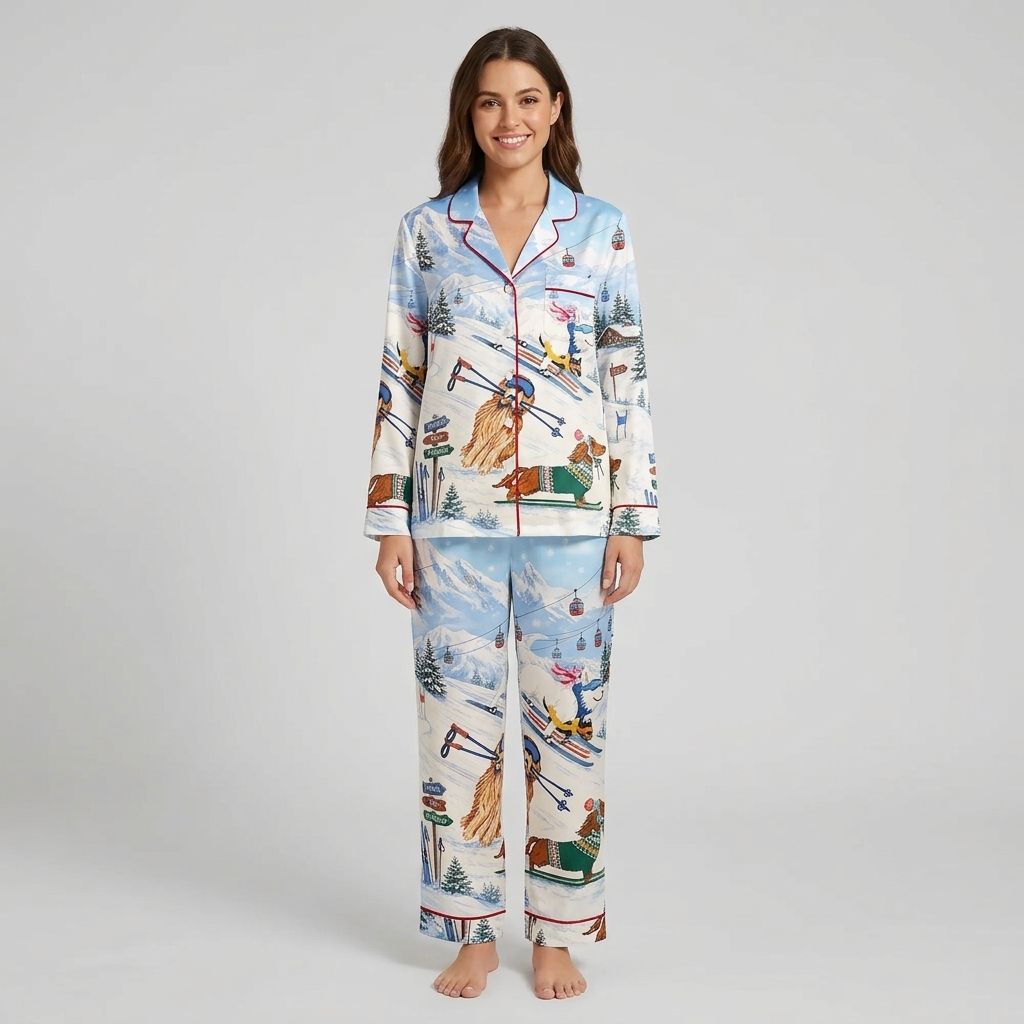 Women's satin pajama set with dachshunds in green sweaters skiing past pine trees and a gondola - long sleeve and pants