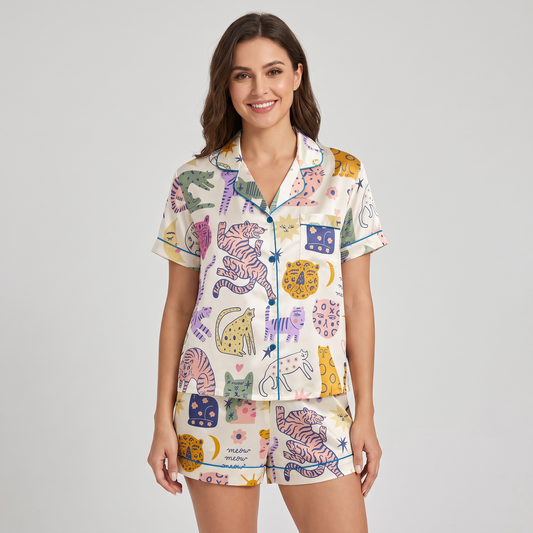 Boho Big Cats Women's Pajama Set - short sleeve and shorts