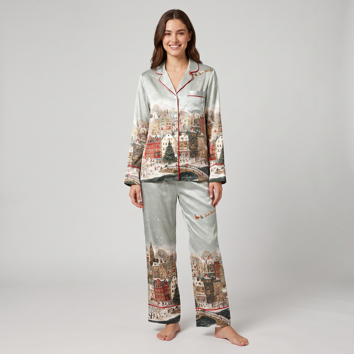 Whimsical Winter Village Women's Pajama Set - long sleeve and pants