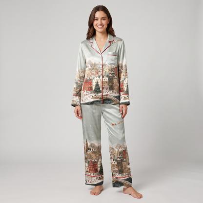 Whimsical Winter Village Women's Pajama Set - long sleeve and pants