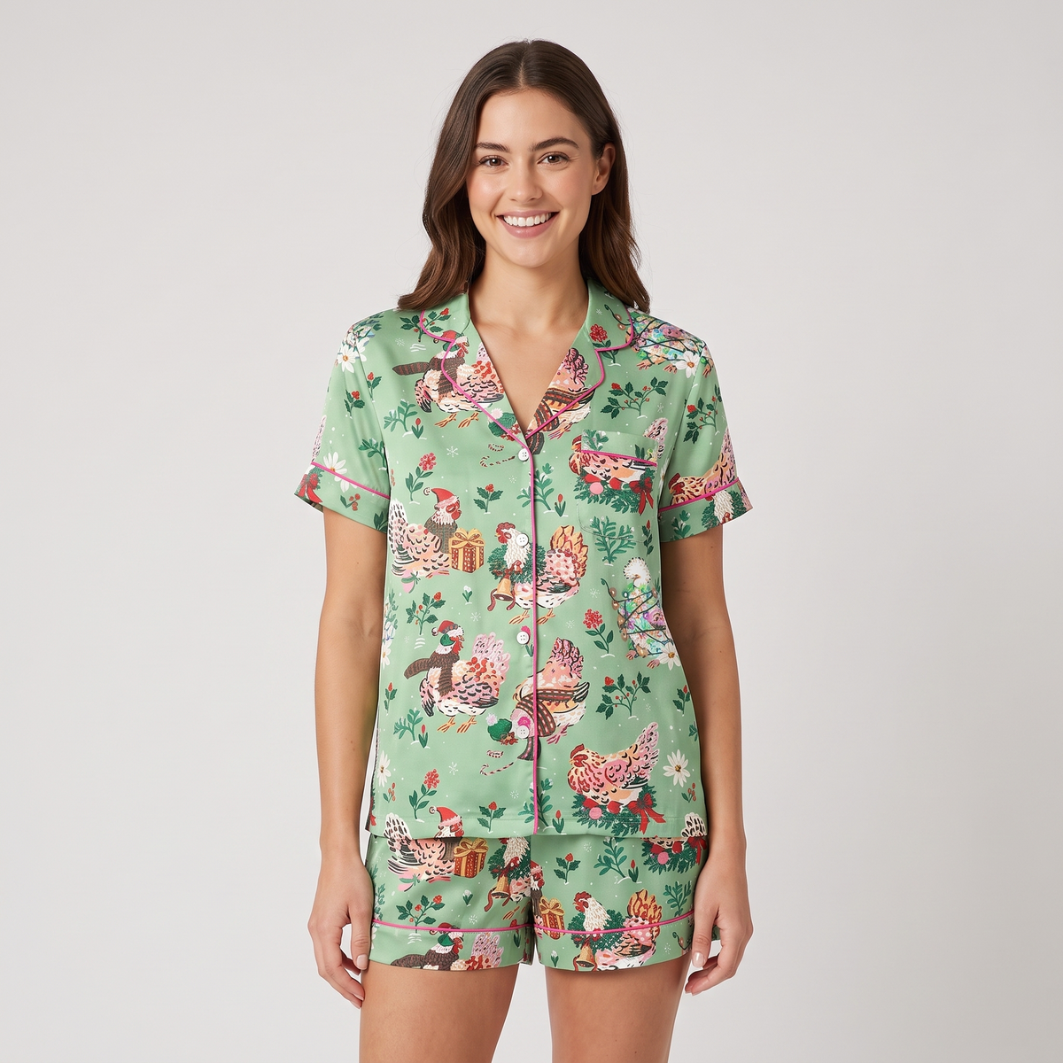 Holly Jolly Hens Women's Pajama Set - short sleeve and shorts