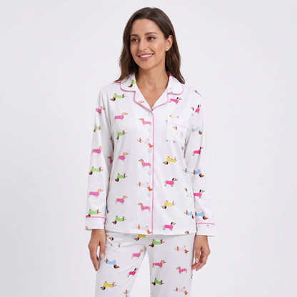 Sweater Weather Dachshunds Women's Pajama Set - White - long sleeve and pants
