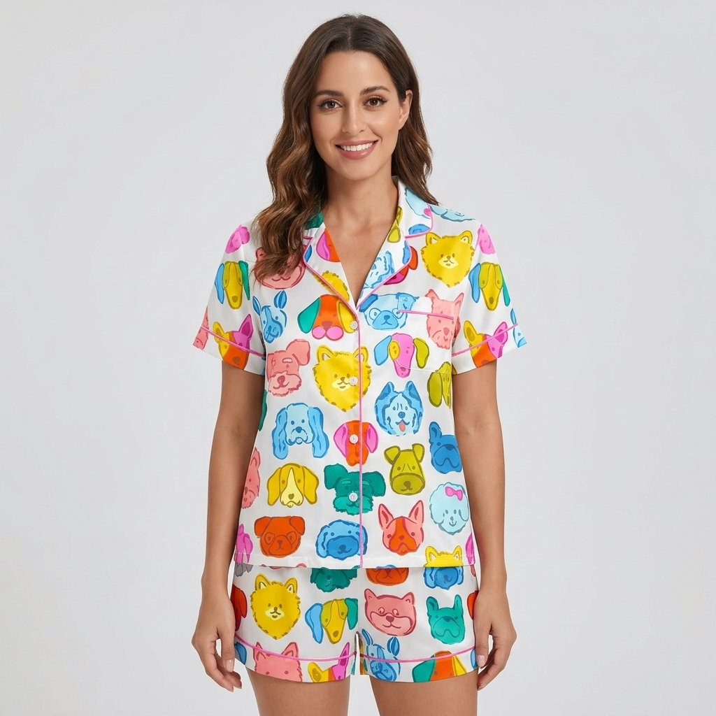 Women's satin pajama set with cartoon dog faces in hot pink, yellow, turquoise, orange and lime on white - short sleeve and shorts