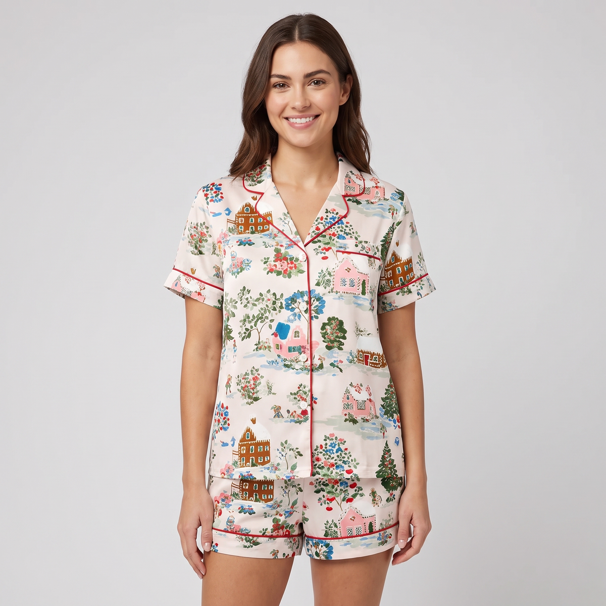 Cottage Christmas Village Women's Pajama Set - short sleeve and shorts