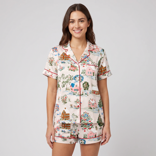 Cottage Christmas Village Women's Pajama Set - short sleeve and shorts