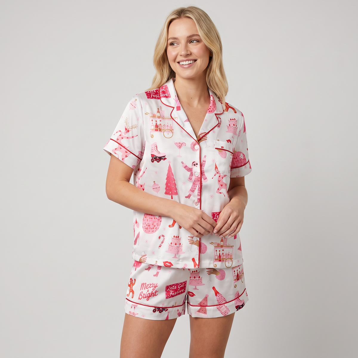 Pink Disco Christmas Women's Pajama Set - short sleeve and shorts
