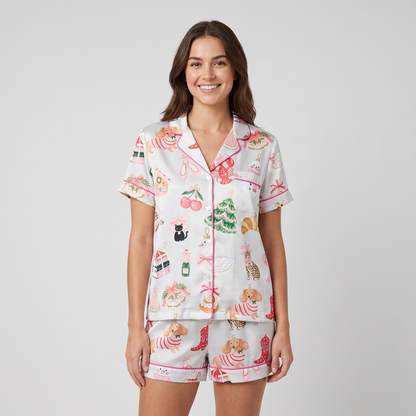 Whimsy Christmas Pets Women's Pajama Set - short sleeve and shorts