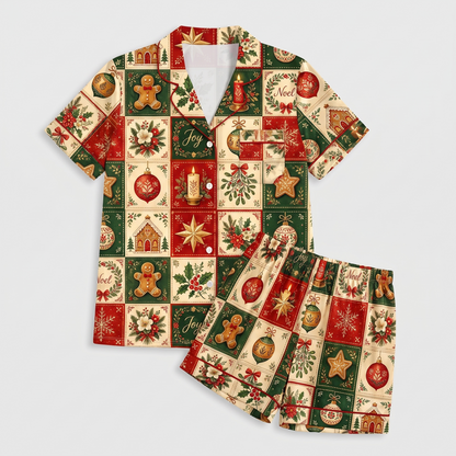 Vintage Christmas Quilt Women's Pajama Set - flat lay