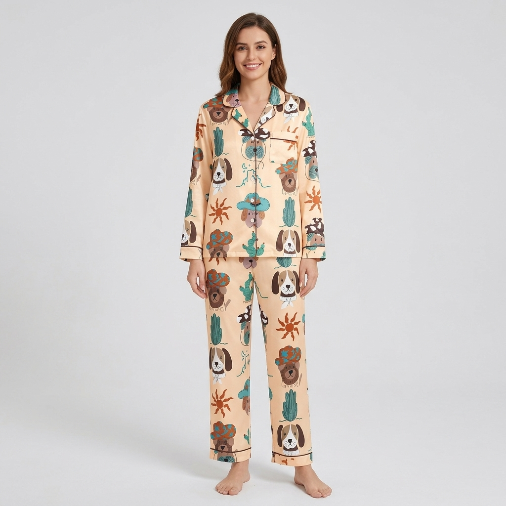 Women's satin pajama set in sand with floppy-eared pups in teal cowboy hats beside cacti and suns - long sleeve and pants