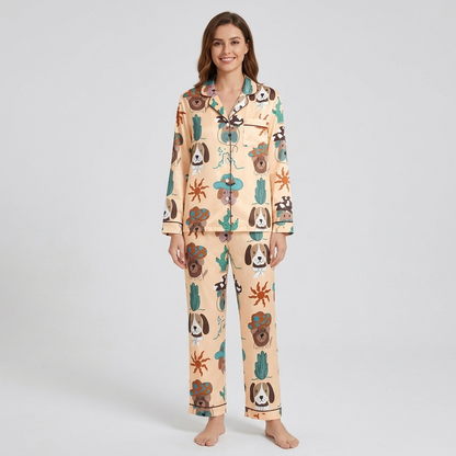 Women's satin pajama set in sand with floppy-eared pups in teal cowboy hats beside cacti and suns - long sleeve and pants
