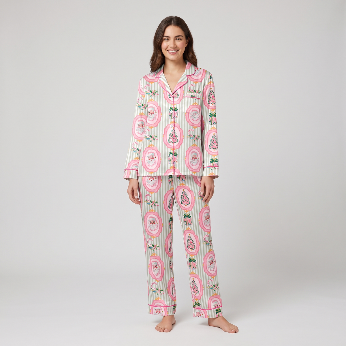 Pink Floral Santa Women's Pajama Set - long sleeve and pants